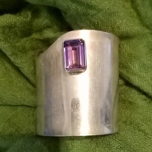 Sterling Silver Wide Cuff Bracelet with Purple Emerald-Cut Gem